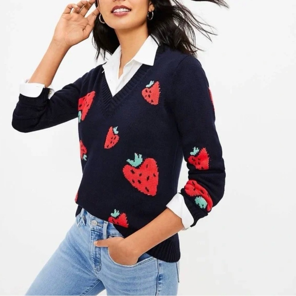 Loft Women's Navy Strawberry V-neck Cableknit Sweater